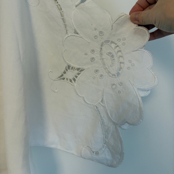Handmade Upcycled Linen Tablecloth Square Neck White Lace Sleeve Women's Top - Picture 6 of 9